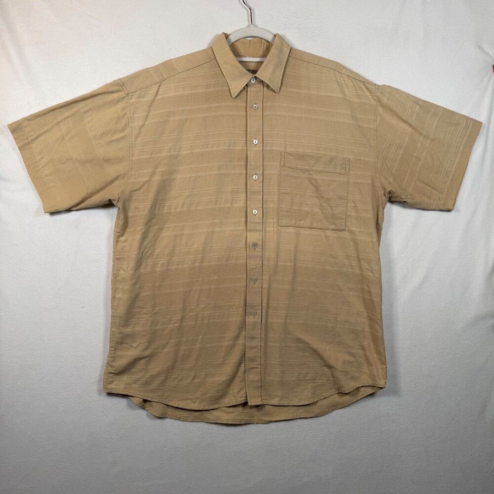 Vintage Fashion Report Shirt Mens L Tan Texture Button Front Short Sleeve Pocket